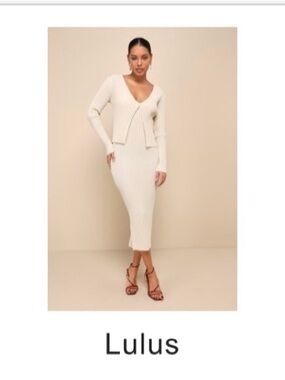 Lulu's Cream Beige Ribbed Knit Midi Dress and Cardigan Set